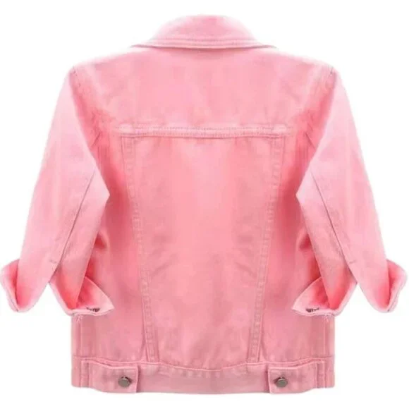 Women's 3/4 Sleeve Colored Cropped Denim Jacket Short Jean Jacket Trucker Pink - Picture 3 of 5